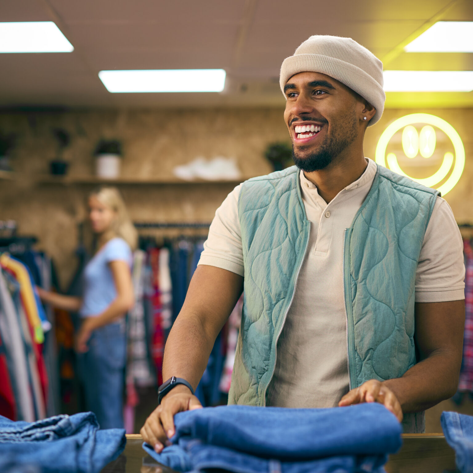 Male Sales Assistant Or Customer Sorting And Looking At Jeans In Fashion Store
